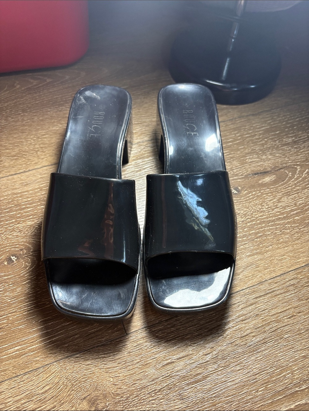 Ruche Black Patent Slide Mules